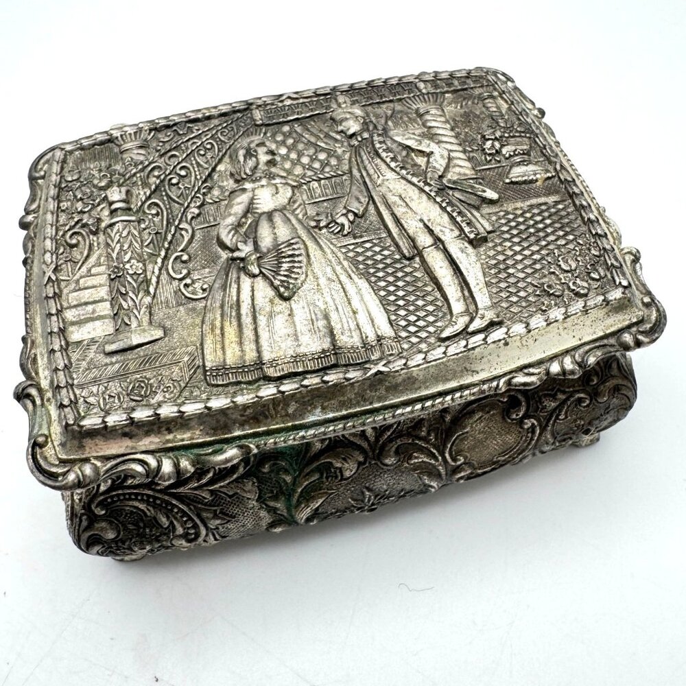 Metal Trinket Box Romantic Scene Design Red Velvet Interior Japan Vtg